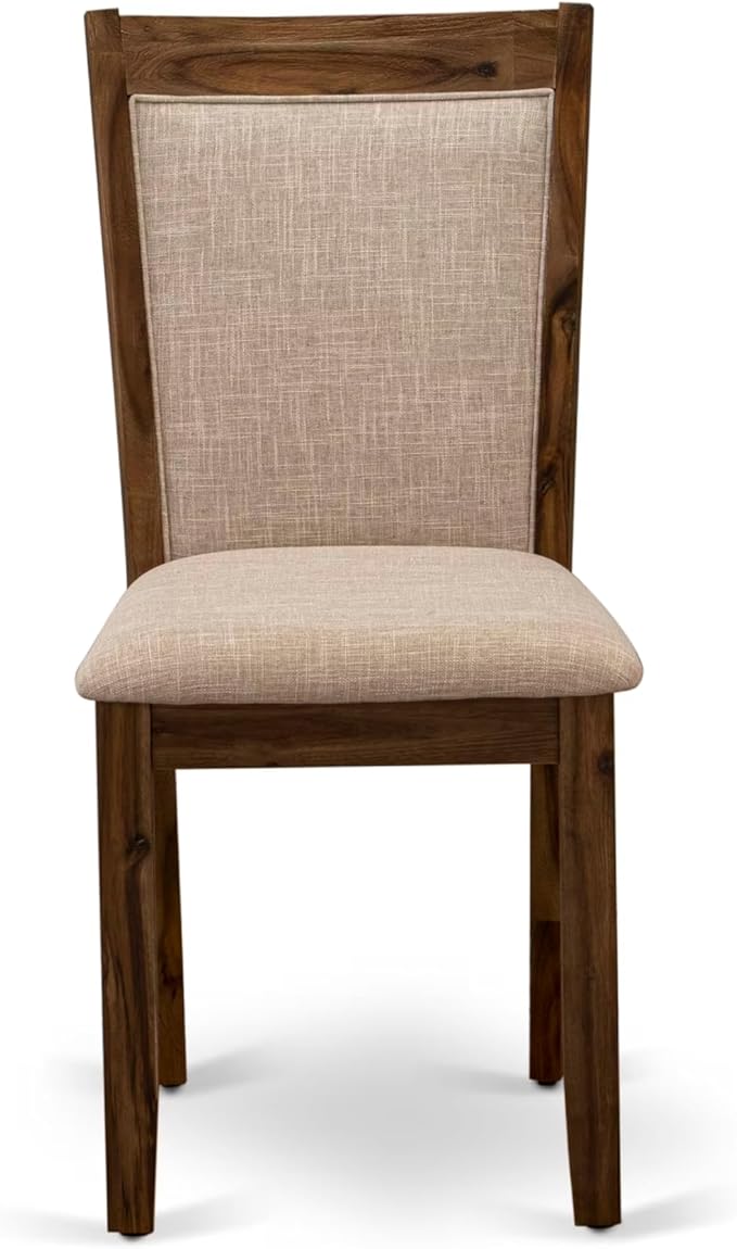 I7MZ7-50N-04 7-Pc Dining Set consists of a Pedestal Dining Table and 6 Light Tan Polyester Fabric Dining Chairs with Padded Back - Antique Walnut Finish