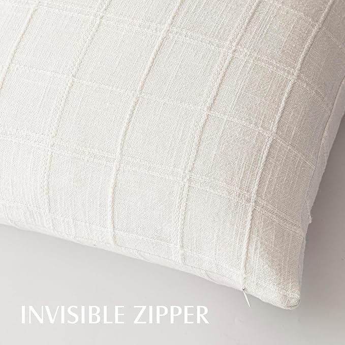 Foindtower Set of 2 Decorative Linen Check Throw Pillow Covers Neutral Farmhouse Vintage Cushion Covers Modern Boho Home Decor for Sofa Chair Couch Bedroom Living Room Outdoor,16×16 Inch,Cream White