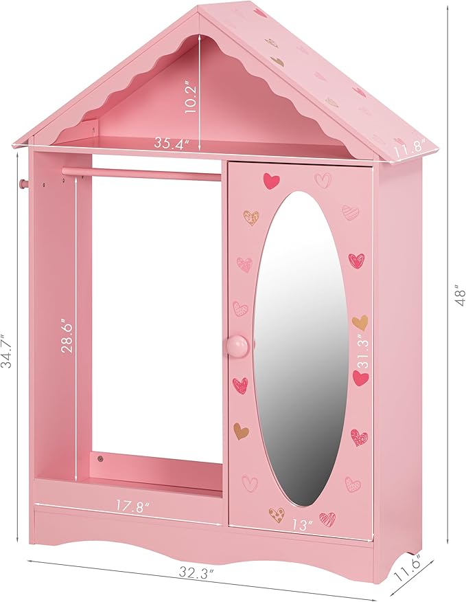 UTEX Kids Dress Up Storage with Mirror, Kids Wardrobe Closet, Dress Up Armoire for Little Girls, Open Hanging Costume Organizer with Storage Cabinet for Kids Room, Playroom