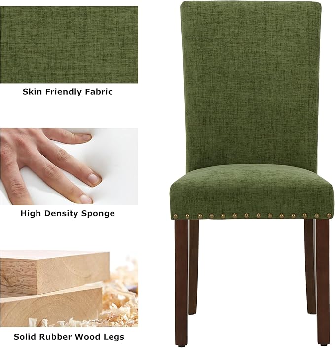 COLAMY Upholstered Parsons Dining Chairs Set of 6, Fabric Dining Room Kitchen Side Chair with Nailhead Trim and Wood Legs - Green