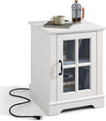 LINSY HOME End Table with Charging Station, Modern Side Table with Storage Cabinet and Adjustable Shelf, Small Sofa Table for Living Room, White