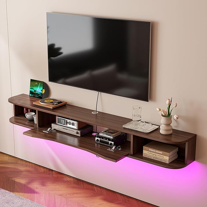 Floating TV Stand,70'' Wall Mounted TV Cabinet,Floating TV Console,Under TV Shelf with 1 Door and 2 Cabinets for TVs up to 75''(Walnut)