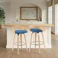 Armen Living Sonia Modern Swivel Bar Height Stool with Blue Upholstered Seat and Patterned Oak Wood Finish