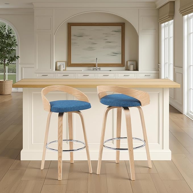 Armen Living Sonia Modern Swivel Bar Height Stool with Blue Upholstered Seat and Patterned Oak Wood Finish