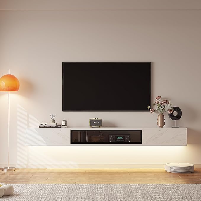 High Gloss Floating TV Stand,94'' Wall Mounted TV Console,Under TV Floating Shelf,Floating TV Cabinet with 3 Doors for Bedroom Living Room,White
