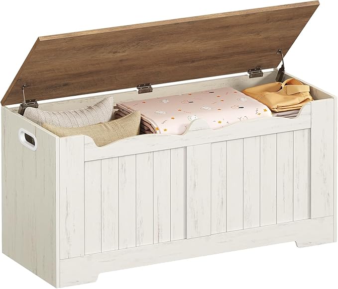 39.4" Storage Chest, Storage Bench Trunk with 2 Safety Hinge, Wooden Box, Lift-Top Chest Organizer, Shoe Bench for Entryway, Bedroom, Living Room, White and Brown SB01014B