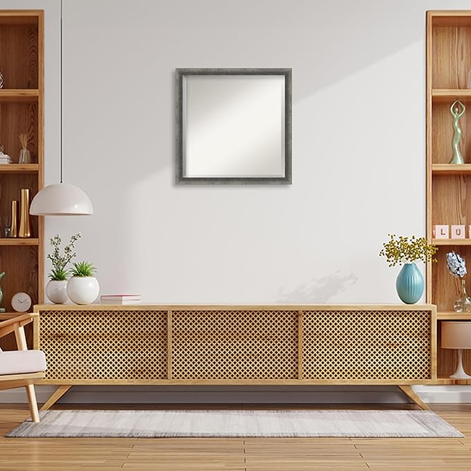 Amanti Art Grey Wall Mirror 22x22 Burnished Concrete Narrow Square Bathroom Mirror for Wall Decor Living Room, Medium Modern Contemporary Wood Frame, Hangs Horizonally and Vertically, Bathroom Decor