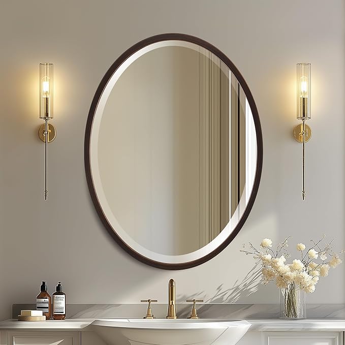 OVALCREST - Oval Wooden Beveled Wall Mirror for Home Decor, Bathroom, Vanity, Bedroom, Living Room, Hallway - London Style (Rubbed Bronze) 25.1 x 37.1