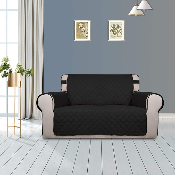 PureFit Reversible Sofa Cover Water Resistant Loveseat Couch Cover, Machine Washable Furniture Cover with Non-Slip Foam and Adjustable Strap for Dogs, Pets (Loveseat, Black/Beige)