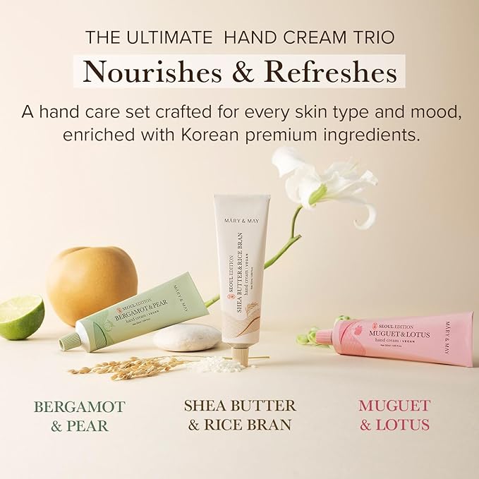 Mary&May SEOUL EDITION Shea Butter & Rice Bran Hand Cream - Korean Fragrance Free Nourishing Vegan Hand Moisturizer for Soft, Healthy Hands - Non Greasy Velvet Hand Butter, 1.69oz.