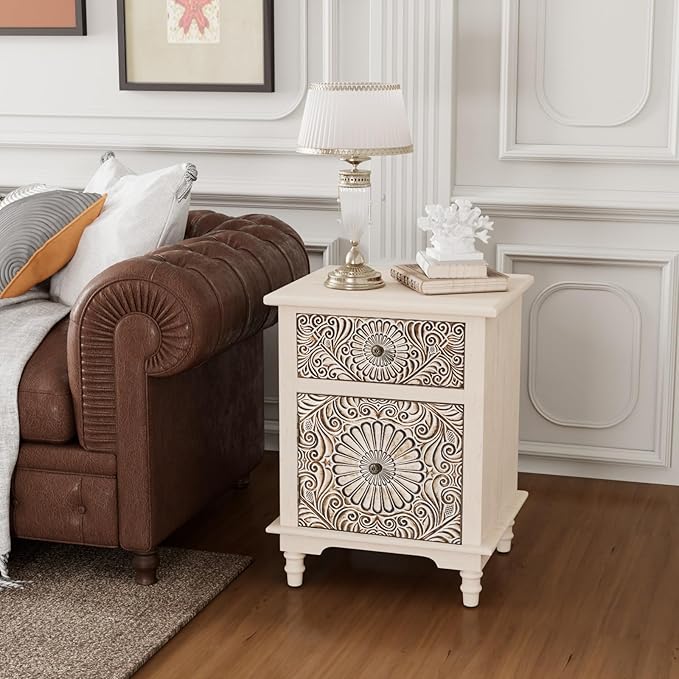 COSIEST 2 Drawers Accent Dresser, Vintage Small Accent Chest with 4 Wood Legs, Free-Standing Buffet Server Nightstand End Table for Bedroom, Living Room, Entryway