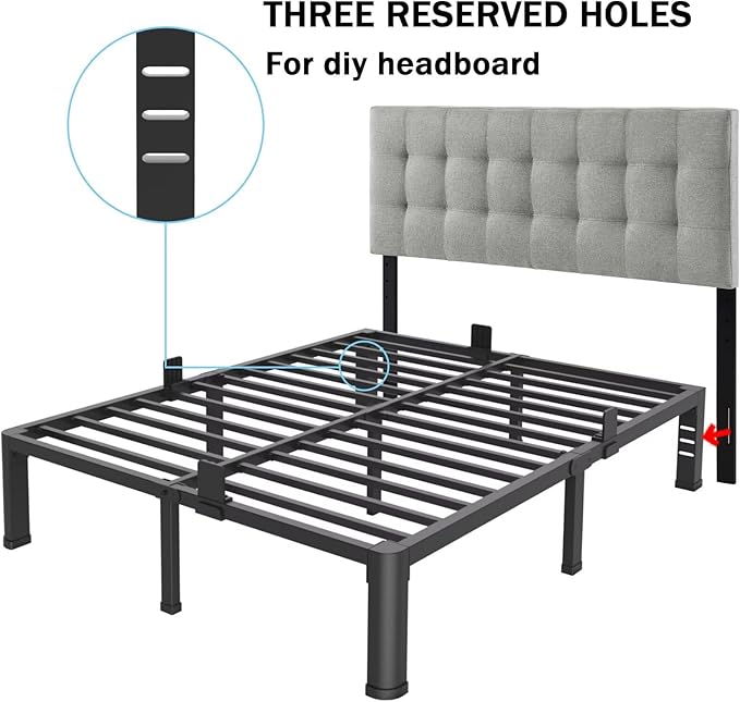 FUIOBYVV 16 Inch Full Bed Frame with Rounded Corner and Headboard Hole Mattress Retainers 3500 LBS Metal Heavy Duty Steel Slats Support No Box Spring Needed Platform Noise Free Easy Assembly