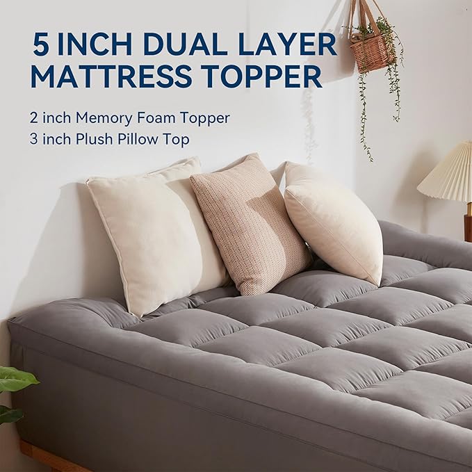 BDEUS Dual Layer 5 Inch Memory Foam Mattress Topper Full Size, 2 Inch Gel Memory Foam Plus 3 Inch 1450 GSM Down Alternative Quilted Pillow Top Mattress Pad Cover,Dark Gray