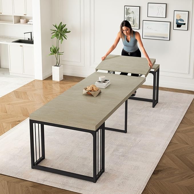 KEIKI 23.62" - 118" L Extendable Foldable Dining Room Table for 2-10 People, Wood Modern Rustic Rectangle Expandable Kitchen Living Meeting Room Furniture, 5 Tabletop Length Options