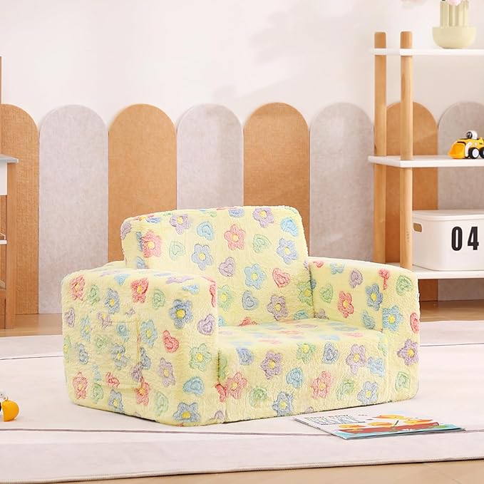 Tiita 2-in-1 Kids Sofa, Convertible Children Couch to Lounger, Flip Out Kids Chair, Toddler Armrest Chair Bed, Folding Kid Play Sofa for Girl or Boy, Flower