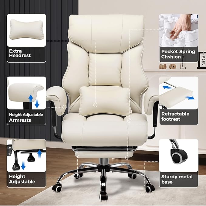 COMHOMA Big and Tall Office Chair 400lbs High Back Leather Executive Chair with Ergonomic Lumbar Support & Pocket Spring Cushion for Lower Back Pain Relief, Computer Gaming Chair with Foot Rest, Beige