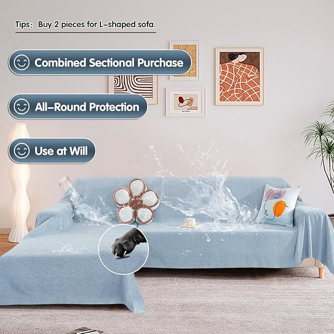 STACYPIK Waterproof Pet-Friendly Couch Cover, Non-Slip Light Blue Sofa Cover for 2 Cushion Couch, Anti Scratch Sofa Cover for Dog, Washable Furniture Protector for Living Room, Loveseat Cover-71X118IN