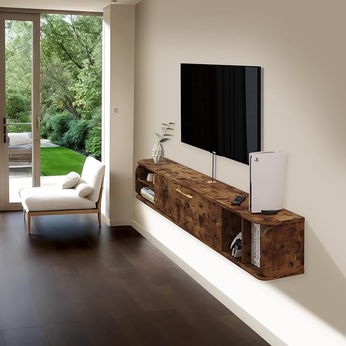 Floating TV Unit, 47'' Wall Mounted TV Cabinet, Floating Shelves with 4 Cabinets, Wooden Entertainment Media Console Center Large Storage TV Bench for Living Room & Office (Rustic Brown)