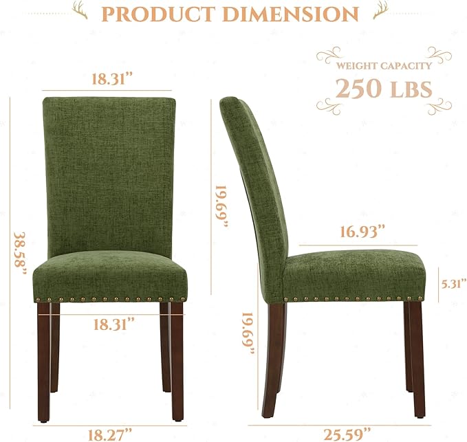 Parsons Dining Chairs Set of 2, Upholstered Nailhead Dining Room Kitchen Side Chair with Thick Cushions and Wood Legs, Green
