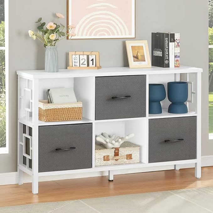 HOMISSUE 6 Cube Storage Organizer Shelf, Rustic Short Bookshelf with 3 Storage Bins, Industrial Horizontal Bookshelf with Metal Frame, Low and Wide Cube Bookcase for Living Room and Office, White
