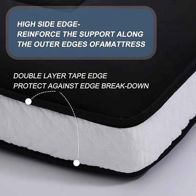 Welnow Japanese Futon Floor Mattress, Thick Queen Size Tatami Mat Portable & Foldable Roll Up Floor Bed Mattress with Storage Bag, Sleeping Pad for Adults, Dorm, Guest Bed, Camping and Travel, Black