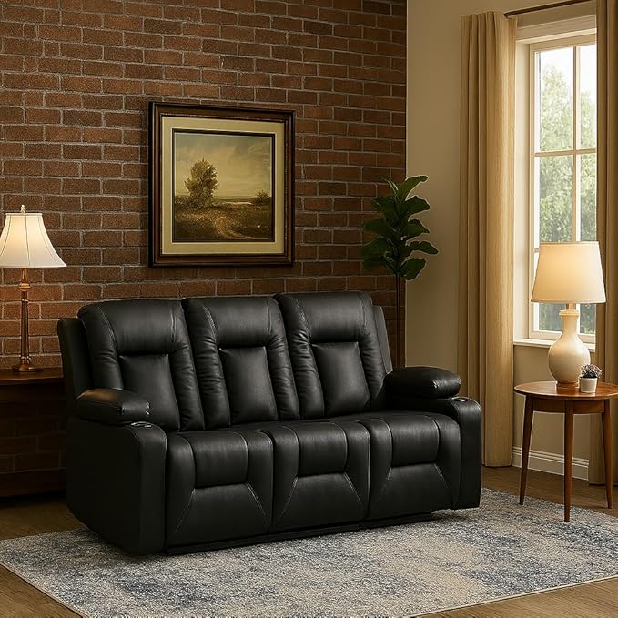 LUCKLIFE Leather Recliner Sofa Set with Manual Recliners,Living Room Furniture Set with Reclining Couch,Loveseat and Armchair,Living Room Chair with Cup Holders,Black (3)