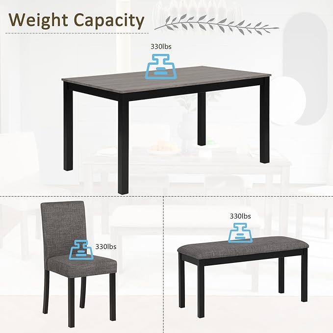 soges 6-Piece Kitchen Dining Table Set with Bench and Chairs, Dining Table Set for 6 with Bench, Wooden Table Set for Kitchen, Dining Room, Grey