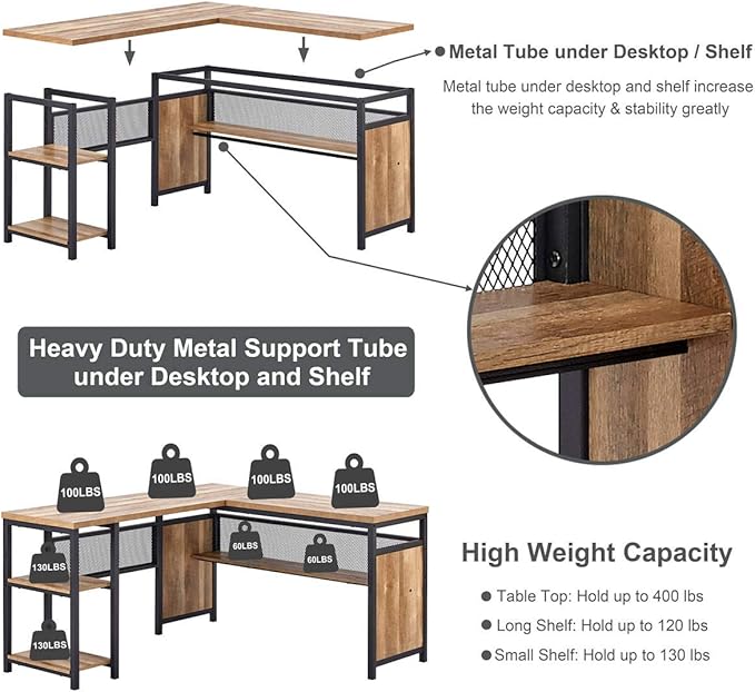 FATORRI L Shaped Computer Desk with Wood Shelves, Industrial Rustic Home Office Corner Desk with Metal Legs (Rustic Oak, 59 Inch)