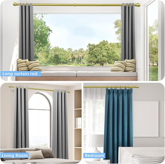 Curtain Rods for Windows 16 to 150 Inches, Curtain Rod Max Adjustable Length of 160 IN, 6/8" Diameter Drapery Rods Round Finials, Warm Gold, Pack of 2