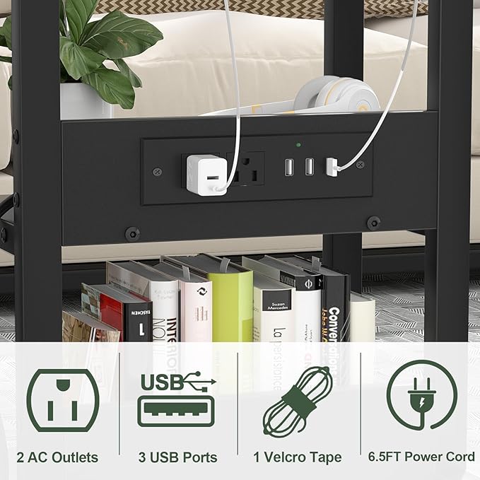 C Shaped End Table Height Adjustable - Couch Side Table with Charging Station, TV Tray with Wheels Slide Under Sofa for Small Spaces, Living Room Bedroom, Black