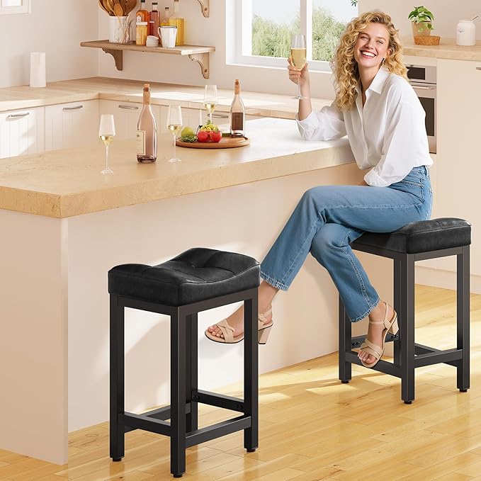 Dripex Backless Faux Leather Saddle Bar Stools Set of 2, 24 Inch Counter Height Barstools for Kitchen Island with 4" Thick Saddle Seats & Heavy Duty Metal Legs, Black