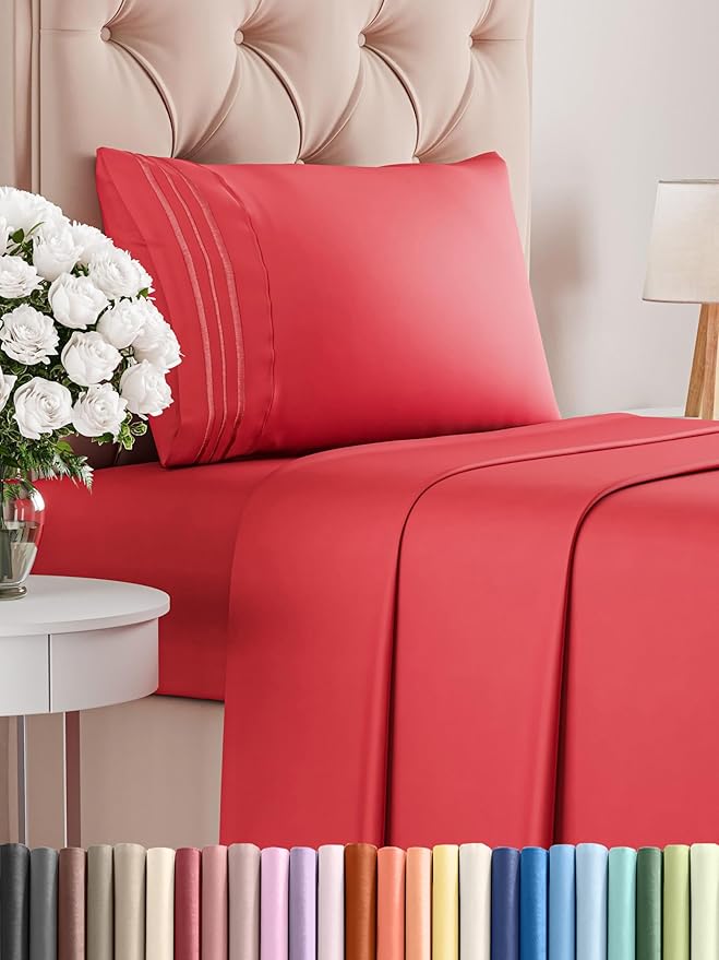 Twin XL Size 3 Piece Sheet Set - Comfy Breathable & Cooling Bed Sheets Set - Hotel Luxury Bedding for Women, Men, Kids, Teens, Boys & Girls - Deep Pockets, Ultra-Soft, Wrinkle Free - Oeko-Tex - Red
