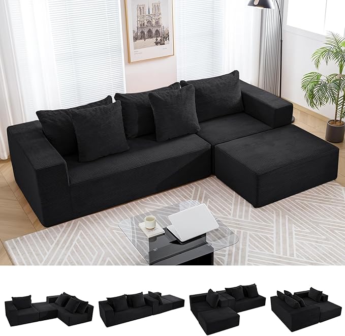 INGEROOM 108" Cloud Sectional Couch with L-Shape Chaise, Modular Sofa Memory Foam, Boneless Sofa with Movable Ottoman, Upholstered Couches for Living Room Bedroom, No Assembly Required, Black