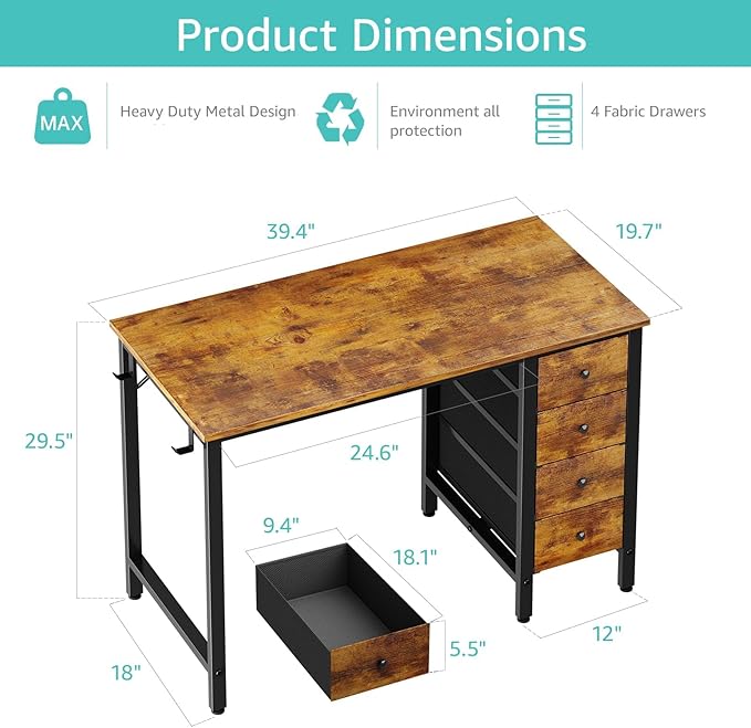 Lufeiya 40 inch Computer Desk with 4 Fabric Drawers, Kids Student Reversible Small Desks for Home Office Small Space, Work PC Desk Table for Bedroom, Rustic Brown
