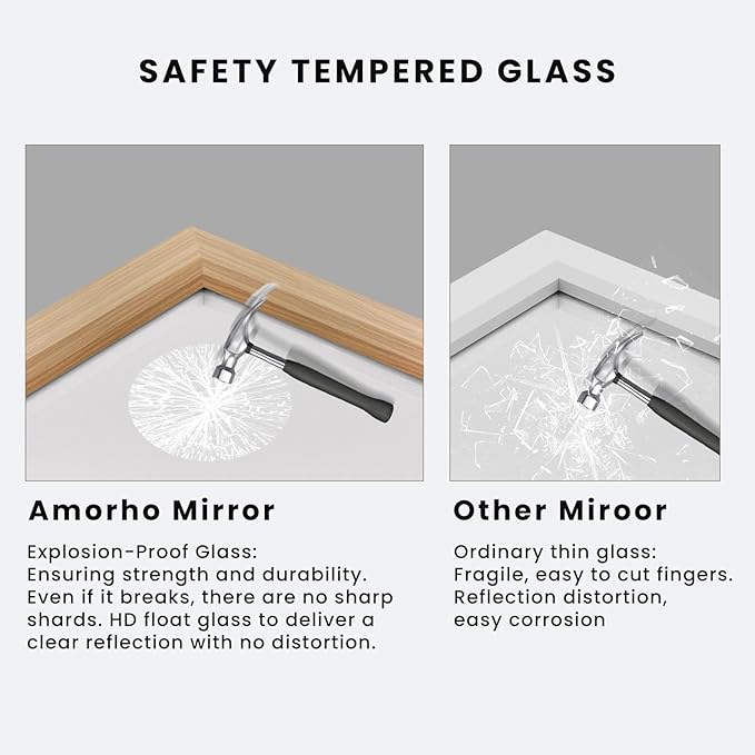 Amorho 72 X32 Inch Bathroom Mirror for Wall, Oak Wood Grain Metal Framed Mirror, Anti-Rust, Hang Horizontally/Vertically, Suitable for Bedroom, Farmhouse, Bathroom, Decorative