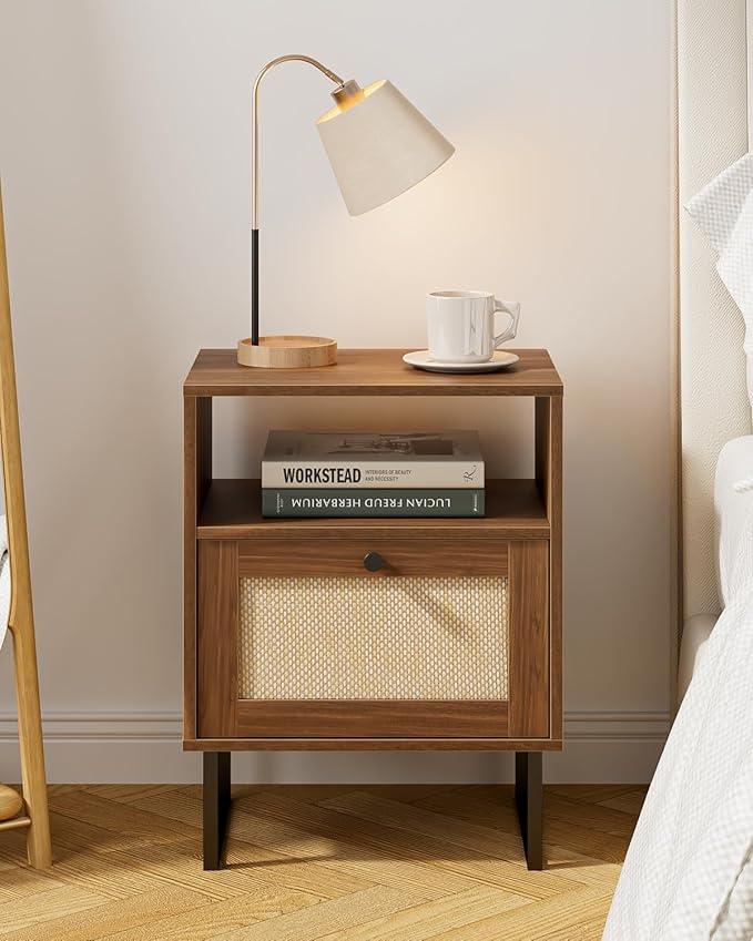 Masupu Extra Large Rattan Nightstand,Modern Boho Farmhouse Wood Bedside Table with Storage Drawer and Open Shelf, Black Frame Side End Table for Bedroom,Living Room,Office (Walnut)