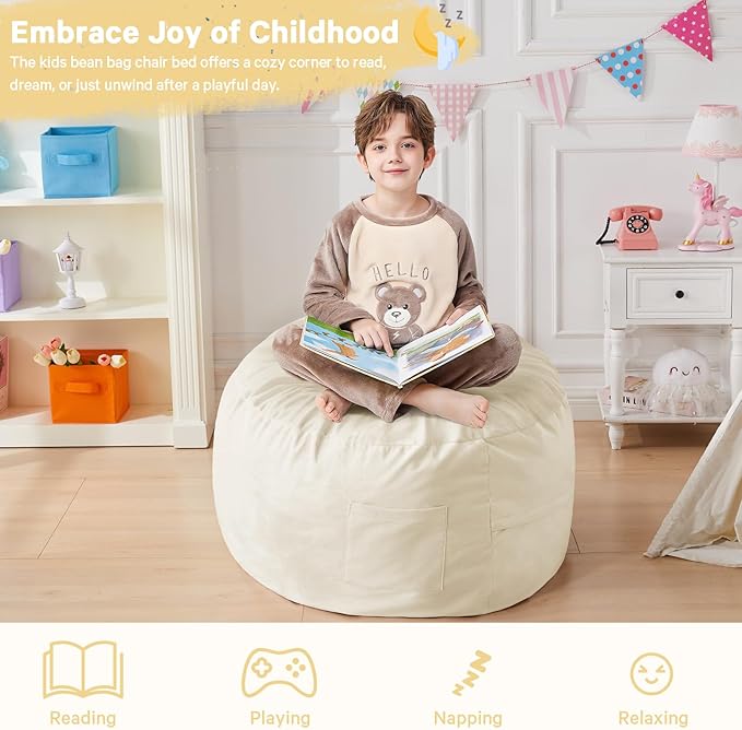 Kids Bean Bag Chair Bed - Convertible Lazy Chair to Floor Mattress with Filler - Small Beanbag Chair for Boys and Girls - Floor Couch Sofa in Bedroom, Classroom, Reading Nook - Beige