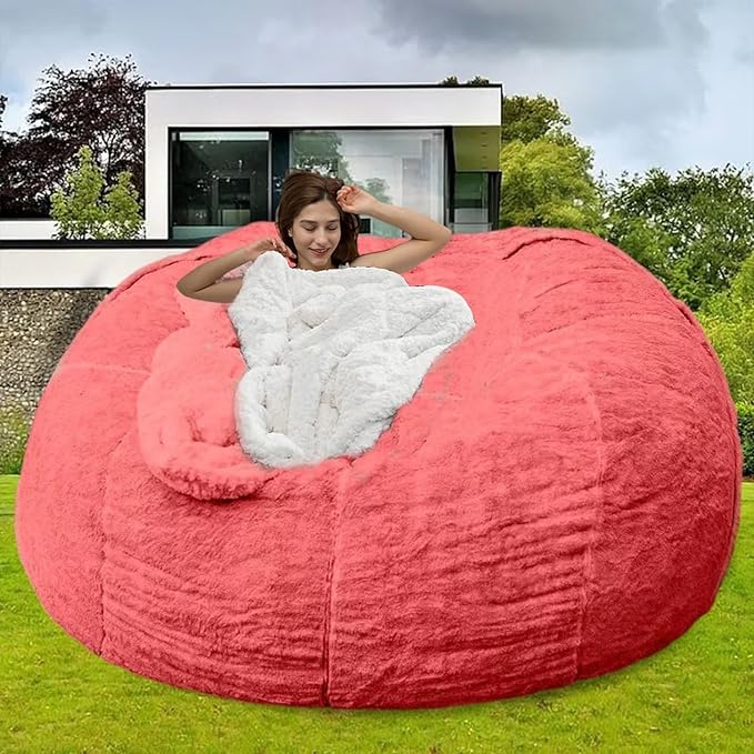 Bean Bag Chair for Adults Kids Without Filling Comfy Oversized Round Lazy Sofa Bean Bag Cover for Stuffed Animal Storage Bedroom Living Room Chairs, 6FT, Rose Red
