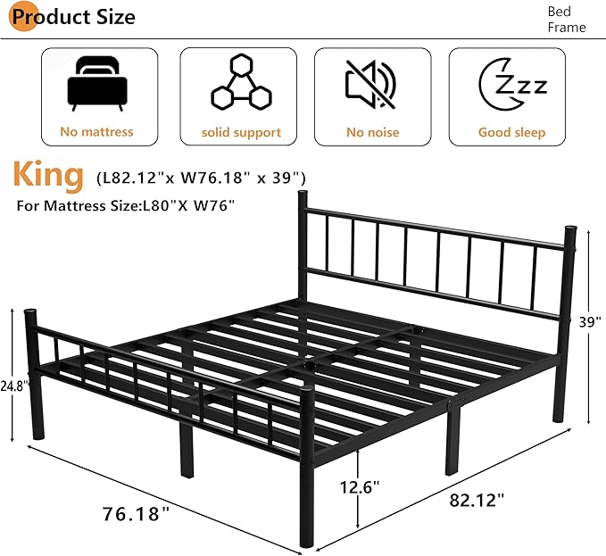 Metal Bed Frame,14Inch King Size Bed Frame with Storage Space,Heavy Duty Sturdy Mattress Foundation,Easy Assembly,No Box Spring Needed,Black,King Grey
