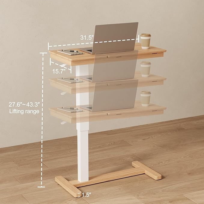 Solid Wood Overbed Bedside Table with Wheels, Adjustable Medical Tilt Top Hospital Bed Table Over The Bed, Rolling Laptop Desk, Mobile Standing Desk for Hospital and Home Use (Natural)