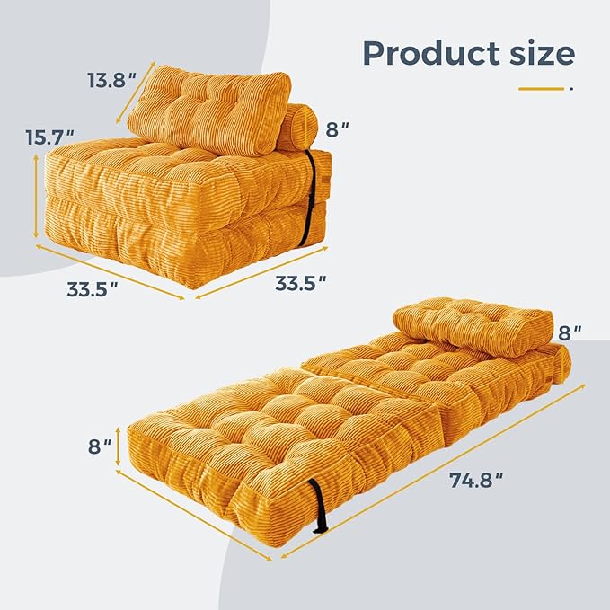 MAXYOYO Folding Sofa Bed, Convertible Sleeper Chair with Pillow Foldable Mattress with Back Support, Portable Fold Out Chair Bed Comfy Floor Sofa Lounge for Living Room Bedroom Apartment