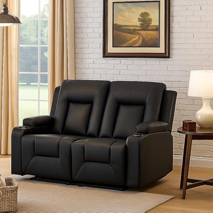 LUCKLIFE Leather Recliner Sofa Set with Manual Recliners,Living Room Furniture Set with Reclining Couch,Loveseat and Armchair,Living Room Chair with Cup Holders,Black (2+1)