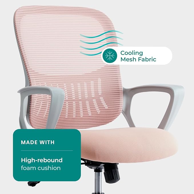 Office Chair, Computer Gaming Chair with Arms, Ergonomic Home Office Desk Chairs with Wheels, Mid-Back Task Rolling Chair with Lumbar Support, Comfy Mesh Swivel Executive Chair
