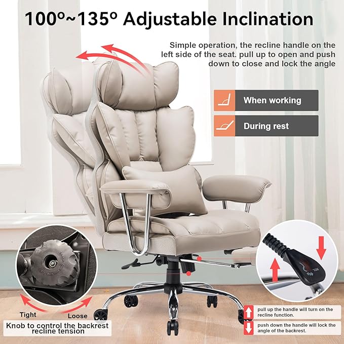 Efomao Big and Tall Office Chair 400lbs – High Back PU Leather Executive Chair with Lumbar Support, Footrest, Swivel Base, Padded Armrests, and Rolling Wheels for Home Office, Grey Computer Chair