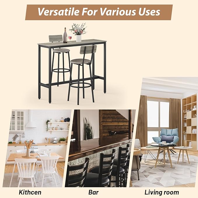 Dining Table Set for 2, 3-Piece Bar Table and Chairs Set, Kitchen Table and Chairs, High Top Table with 2 PU Upholstered Stools, Space-Saving Pub Table Sets for Small Space, Gray