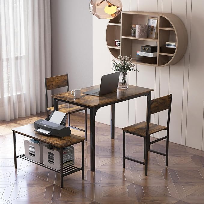 Giantex Dining Table Set for 4, Kitchen Table with Bench and Chairs, Industrial Gathering Bench Dining Set W/Metal Frame & Storage Rack, Dinette Set, Modern Functional Desk Set (Coffee)
