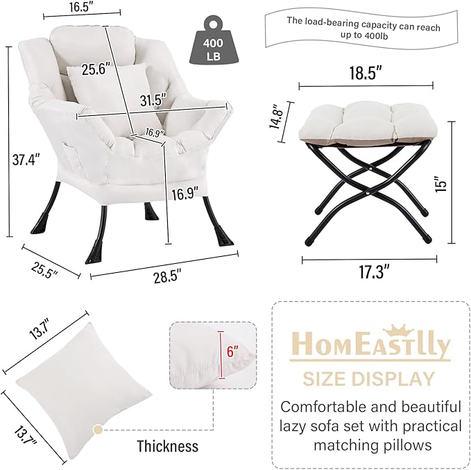 Lazy Chair with Ottoman, Modern Large Accent Lounge Chair with a Pillow, Leisure Sofa Armchair with Ottoman, Reading Chair with Footrest for Bedroom, Living Room, Dorm Room,Peach Beige