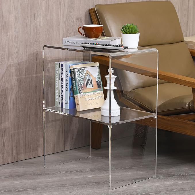MyGift 24 Inch Acrylic Nightstand with 2 Tier Display Shelf, Clear Acrylic Side Table for Living Room Bedside Bedroom, Decorative Clear Home End Table