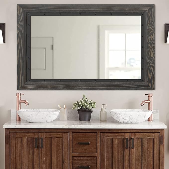 YOSHOOT Rustic Wooden Framed Wall Mirror, 30"x20", Natural Wood and Iron Bathroom Vanity Mirror for Farmhouse Decor, Vertical or Horizontal Hanging