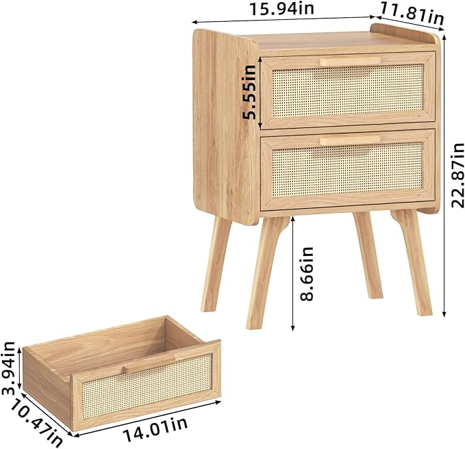 Lerliuo Rattan Nightstand, Boho Night Stand with 2 Drawers, Cane Accent Side End Table, Bedside Table with Solid Wood Legs for Bedroom, Dorm and Small Spaces (Natural)